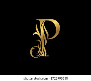 Elegantes Gold-P-Letter-Blumenlogo. Vintage Swirl gezeichnetes Emblem für Buchdesign, Unkrautkarte, Markennamen, Visitenkarte, Restaurant, Boutique, Hotel. 