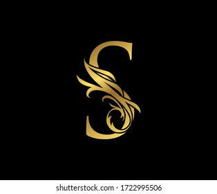 Classy Elegant Gold S Letter Floral logo. Vintage Swirl drawn emblem for book design, weeding card, brand name, business card, Restaurant, Boutique, Hotel. 