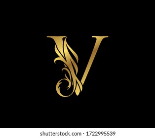 Classy Elegant Gold V Letter Floral logo. Vintage Swirl drawn emblem for book design, weeding card, brand name, business card, Restaurant, Boutique, Hotel. 
