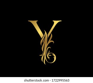 Classy Elegant Gold Y Letter Floral logo. Vintage Swirl drawn emblem for book design, weeding card, brand name, business card, Restaurant, Boutique, Hotel. 