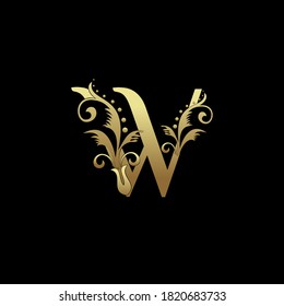 Elegante y elegante letra W con logotipo de forma floreciente dorado