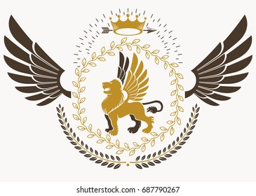 Classy emblem made with bird wings decoration, wild lion and monarch crown symbol. Vector heraldic Coat of Arms.