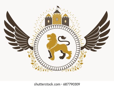 Classy emblem made with bird wings decoration, wild lion and medieval stronghold. Vector heraldic Coat of Arms.
