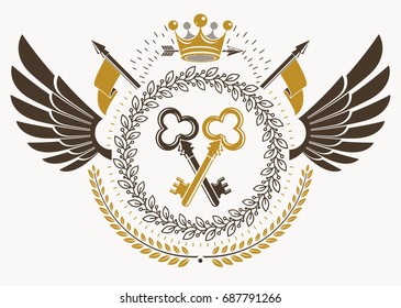Classy emblem made with bird wings decoration, security keys and imperial crown symbol. Vector heraldic Coat of Arms.