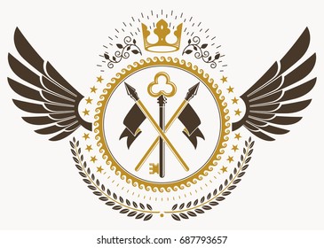 Classy emblem made with bird wings decoration, keys and monarch crown symbol. Vector heraldic Coat of Arms.