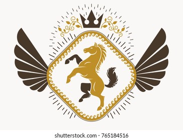 Classy emblem made with bird wings decoration, horse and royal crown symbol. Vector heraldic Coat of Arms.