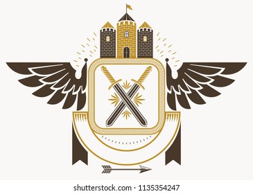 Classy emblem made with eagle wings decoration, medieval stronghold and swords. Vector heraldic Coat of Arms.