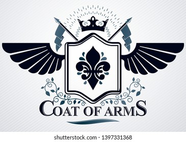 Classy emblem made with eagle wings decoration, monarch crown symbol. Vector heraldic Coat of Arms.
