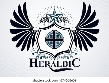 Classy emblem made with eagle wings decoration, Christian cross and pentagonal star symbols. Vector heraldic Coat of Arms.