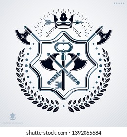 Classy emblem made with laurel leaf decoration, armory and crown symbol. Vector heraldic Coat of Arms.