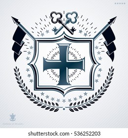 Classy emblem made with laurel leaf decoration, Christian cross and keys symbols. Vector heraldic Coat of Arms.