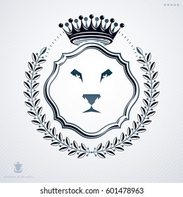 Classy emblem made with laurel leaf decoration, head of lion and crown symbol. Vector heraldic Coat of Arms.