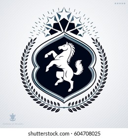 Classy emblem made with laurel leaf decoration, pentagonal stars and horse. Vector heraldic Coat of Arms.