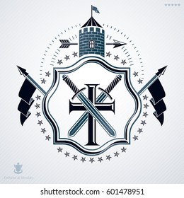 Classy emblem made with pentagonal stars decoration, religious cross and tower symbols. Vector heraldic Coat of Arms.