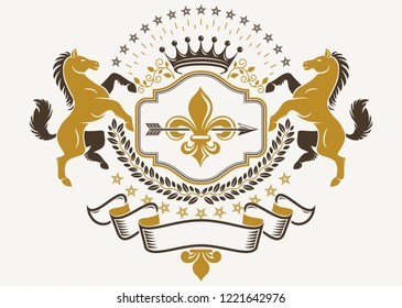 Classy emblem, vector heraldic Coat of Arms created using graceful horse illustration, imperial crown and lily flower, heraldic vector.
