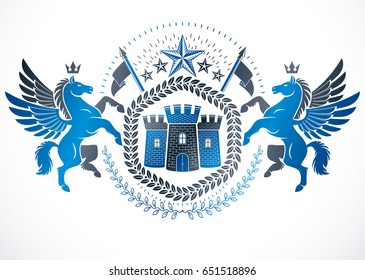 Classy emblem, vector heraldic Coat of Arms created using mythic Pegasus illustration, ancient castle and imperial crown.