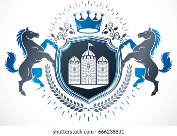 Classy emblem, vector heraldic Coat of Arms composed using horse illustration, monarch crown and medieval tower.