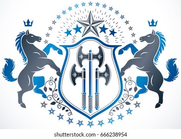 Classy emblem, vector heraldic Coat of Arms created using graceful horse illustration, imperial crown and hatchets, heraldic vector.
