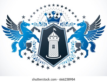 Classy emblem, vector heraldic Coat of Arms created using mythic Pegasus illustration, ancient castle and imperial crown.
