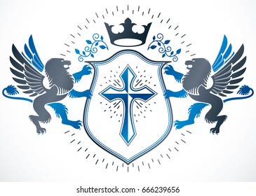 Classy emblem, vector heraldic Coat of Arms created using mythic gryphon, religious cross and imperial crown.