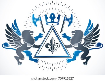 Classy emblem, vector heraldic Coat of Arms made with imperial crown, mythic gryphon and hatchets