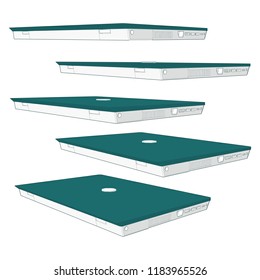 classy few Different angles of a laptop closed perspective views rotation orientation turn front top side cooling ventilator agp graphics port usb power adaptor port visible