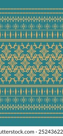 Classy Fleur de lis Motif Design Gold Embroidery on Dark Green Background with Geometric Diamond Ornament Decoration Seamless Pattern Vector. For Elegant Textile Design. Hand draw Weaves Silk, Saree.