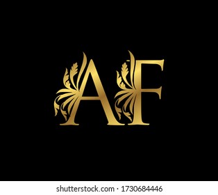 Classy Gold AF Letter Floral logo. Vintage drawn emblem for book design, weeding card, brand name, business card, Restaurant, Boutique, Hotel. 