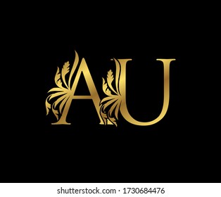 Classy Gold AU Letter Floral logo. Vintage drawn emblem for book design, weeding card, brand name, business card, Restaurant, Boutique, Hotel. 