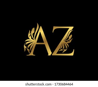 Classy Gold AZ Letter Floral logo. Vintage drawn emblem for book design, weeding card, brand name, business card, Restaurant, Boutique, Hotel. 