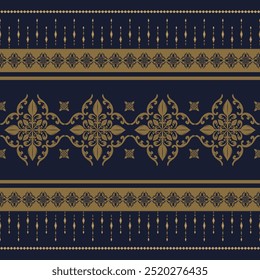 Classy Gold and Black Embroidery Weaves. Elegance  Floral Scroll Ornament Stripe. Seamless Pattern Vector. Hand Draw, Wallpaper, Rug, Carpet, Wrapping, Batik, Mystery.