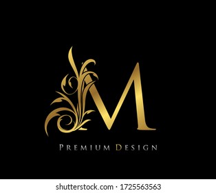 Classy Gold Elegant letter M. Graceful style. Calligraphic beautiful logo. Vintage drawn emblem for book design, brand name, business card, Restaurant, Boutique, Hotel.  