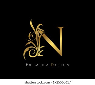 Classy Gold Elegant letter N. Graceful style. Calligraphic beautiful logo. Vintage drawn emblem for book design, brand name, business card, Restaurant, Boutique, Hotel.  