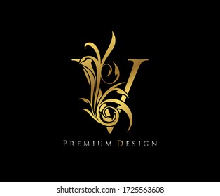 Classy Gold Eleganter Brief V. Graceful Stil. Kalligrafisches schönes Logo. Vintage gezeichnetes Emblem für Buchgestaltung, Markennamen, Visitenkarte, Restaurant, Boutique, Hotel.  