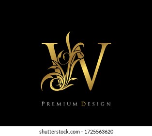 Elegante carta elegante de oro W. Graceful style. Bonito logo caligráfico. Emblema pintado de época para el diseño de libros, marca, tarjeta de visita, Restaurante, Boutique, Hotel.  