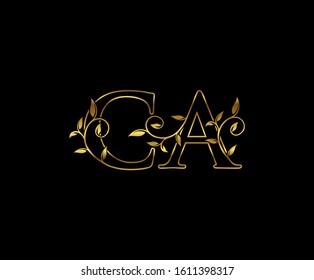 Classy Gold letter C and A, CA, Vintage decorative ornament emblem badge, wedding logo, classy letter logo icon.