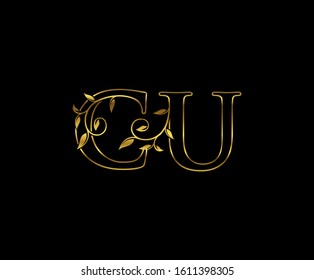 Classy Gold letter C and U, CU, Vintage decorative ornament emblem badge, wedding logo, classy letter logo icon.