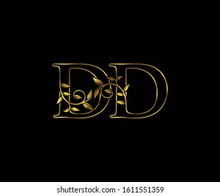 Classy Gold letter D and DD vintage decorative ornament emblem badge, wedding logo, classy letter logo icon.