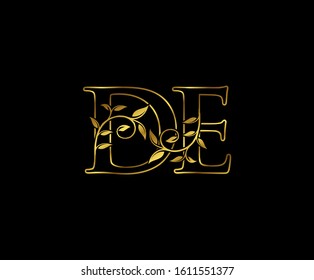 Classy Gold letter D, E and DE vintage decorative ornament emblem badge, wedding logo, classy letter logo icon.