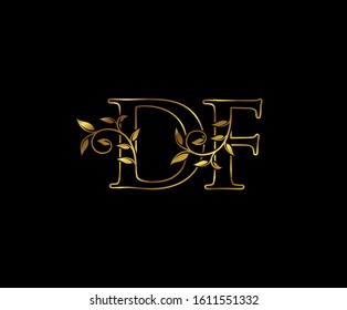 Classy Gold letter D, F and DF vintage decorative ornament emblem badge, wedding logo, classy letter logo icon.