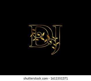 Classy Gold letter D, J and DJ vintage decorative ornament emblem badge, wedding logo, classy letter logo icon.