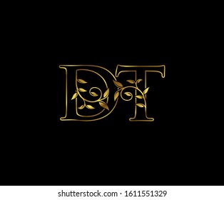 Classy Gold letter D, T and DT vintage decorative ornament emblem badge, wedding logo, classy letter logo icon.