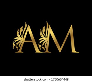 Classy Gold AM Letter Floral logo. Vintage drawn emblem for book design, weeding card, brand name, business card, Restaurant, Boutique, Hotel. 