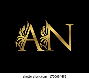 Classy Gold AN Letter Floral logo. Vintage drawn emblem for book design, weeding card, brand name, business card, Restaurant, Boutique, Hotel. 