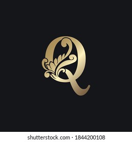 Classy Gold Letter Q Luxury Decorative Initial Logo Icon, Elegance Swirl Ornate Deco  Logo Vintage Template Design svg