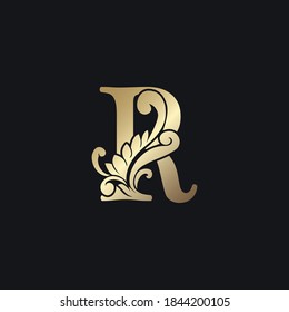 Classy Gold Letter R Luxury Decorative Initial Logo Icon, Elegance Swirl Ornate Deco  Logo Vintage Template Design