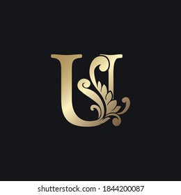 Classy Gold Letter U Luxury Decorative Initial Logo Icon, Elegance Swirl Ornate Deco  Logo Vintage Template Design