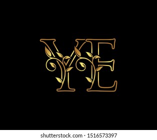 Classy Gold letter Y and E, YE, VINTAGE decorative ornament emblem badge, wedding  logo, classy letter logo icon.