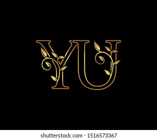Classy Gold letter Y and U, YU, VINTAGE decorative ornament emblem badge, wedding  logo, classy letter logo icon.