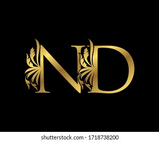 Classy Gold ND Letter Floral logo. Vintage drawn emblem for book design, weeding card, brand name, business card, Restaurant, Boutique, Hotel. 